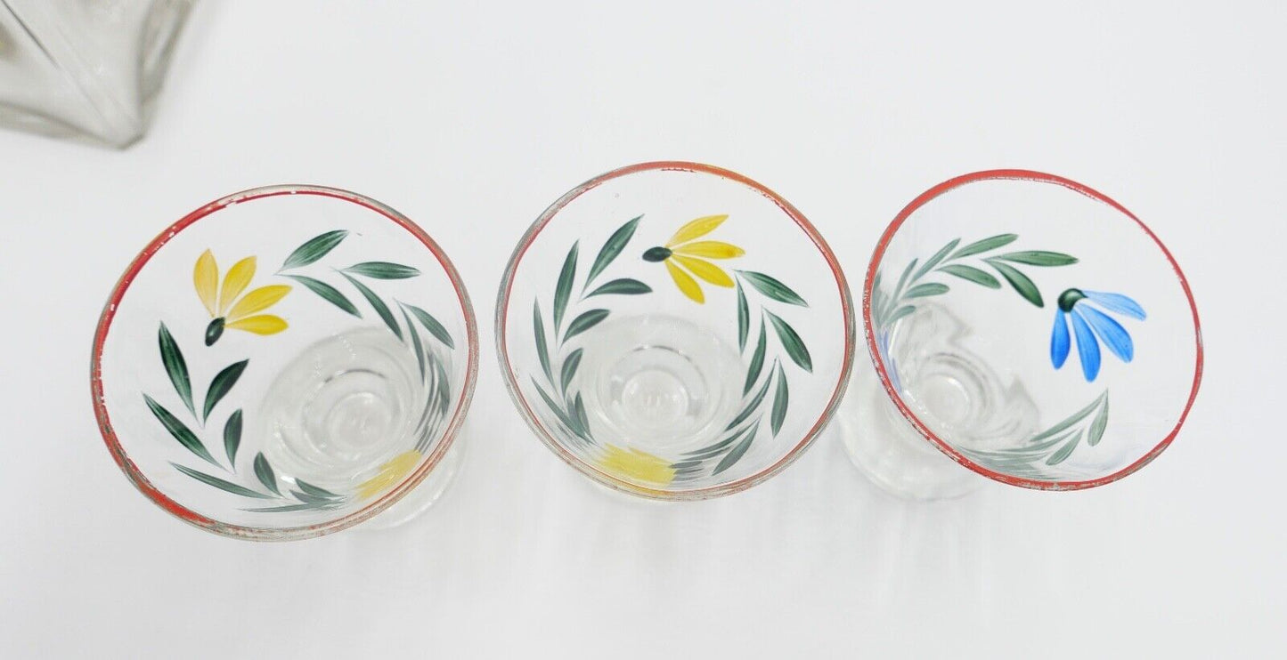 altes Schnaps Likör Set Glas Handbemalt Gläser Karaffe Blumenmuster - Antikhandel-Stuttgart