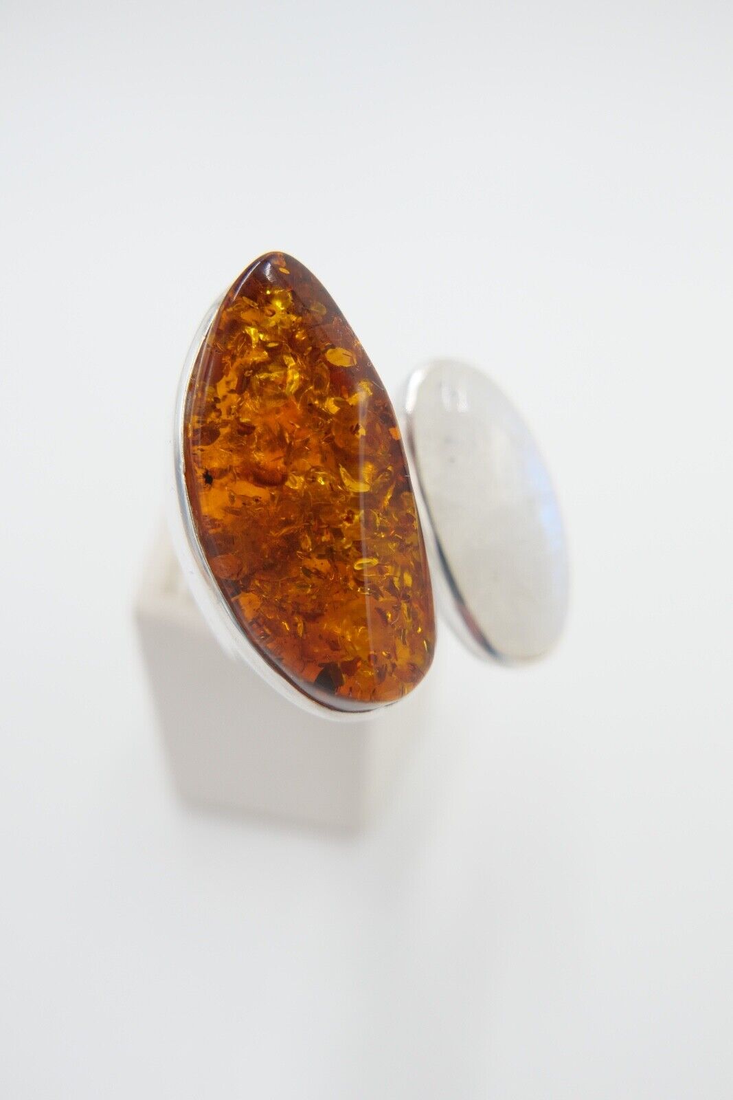 80er Jahre Designer Ring Bernstein & Mondstein Silber 925 Größe 60 verstellbar - Antikhandel-Stuttgart