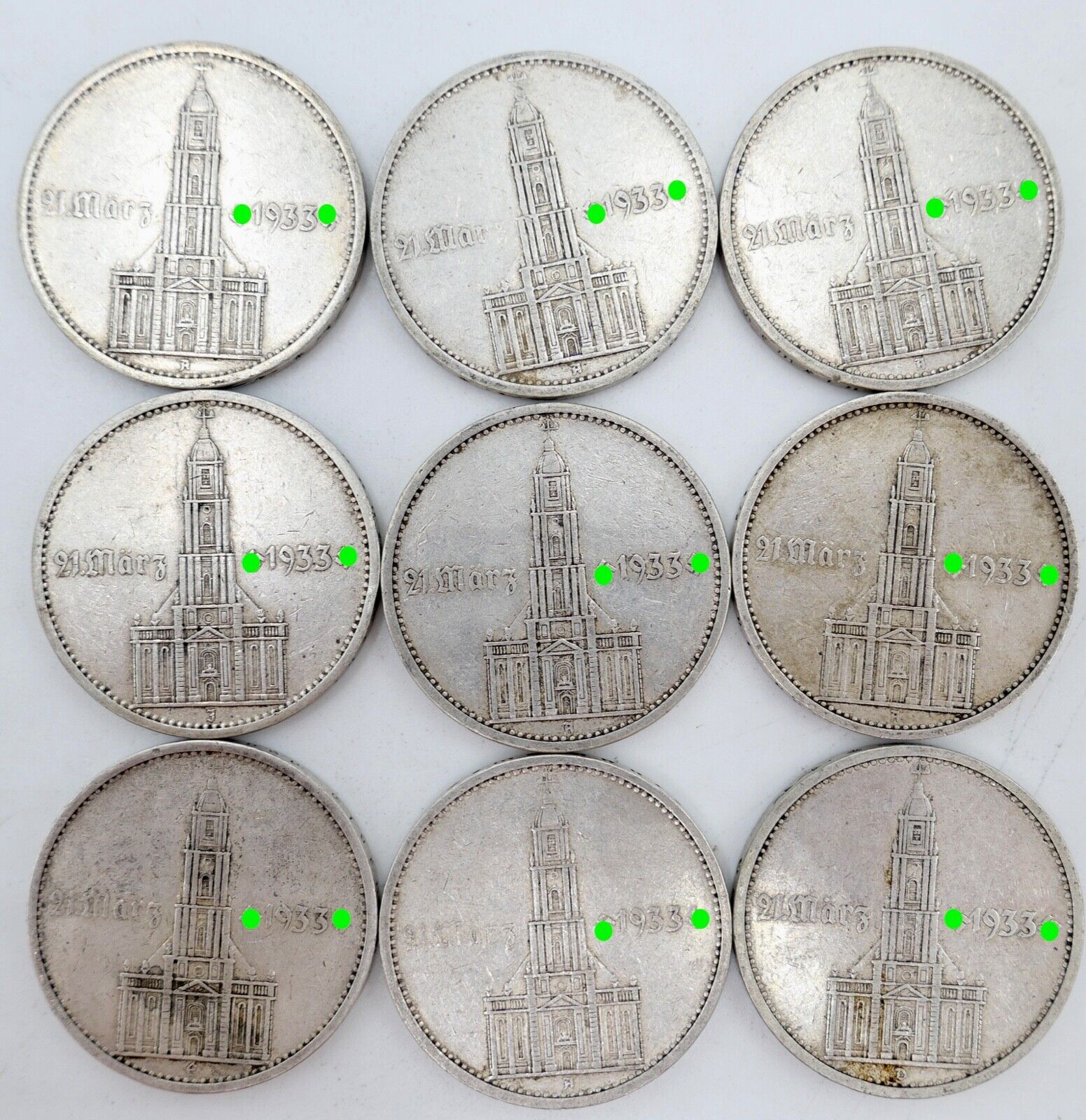 9x 5 Reichsmark 900 Silbermünzen J. 356 Garnisonskirche Datum 1934 aus Münzrolle - Antikhandel-Stuttgart