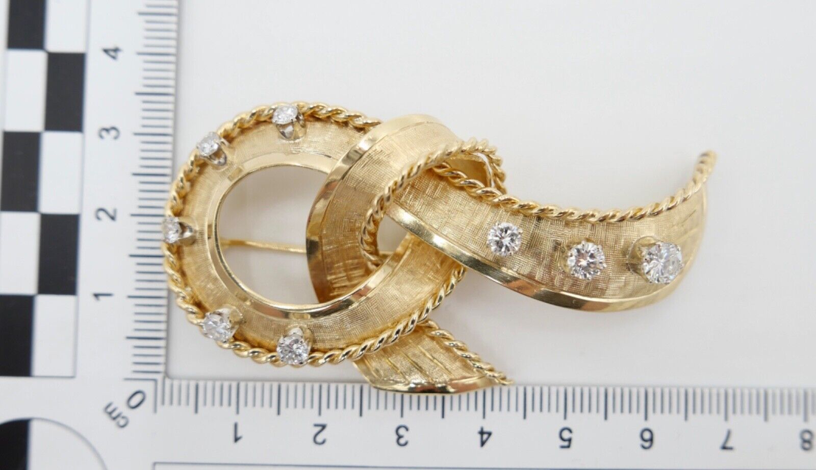 Große alte Schleifen Brosche 750 18K Gelbgold 1,34 Ctw Brillanten 66mm Punze SF - Antikhandel-Stuttgart