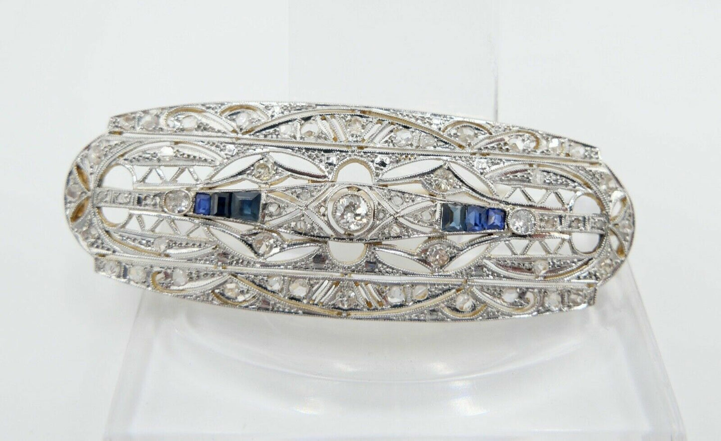Art Deco 20er Brosche Gold Platin mit 6 Saphiren 55 Diamanten 1,8 Ct 750 18K - Antikhandel-Stuttgart