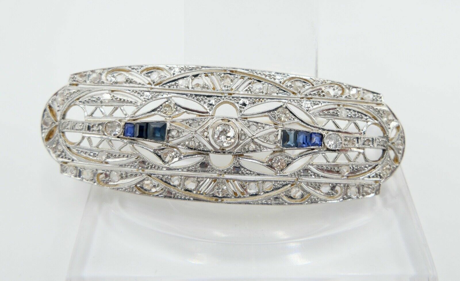 Art Deco 20er Brosche Gold Platin mit 6 Saphiren 55 Diamanten 1,8 Ct 750 18K - Antikhandel-Stuttgart