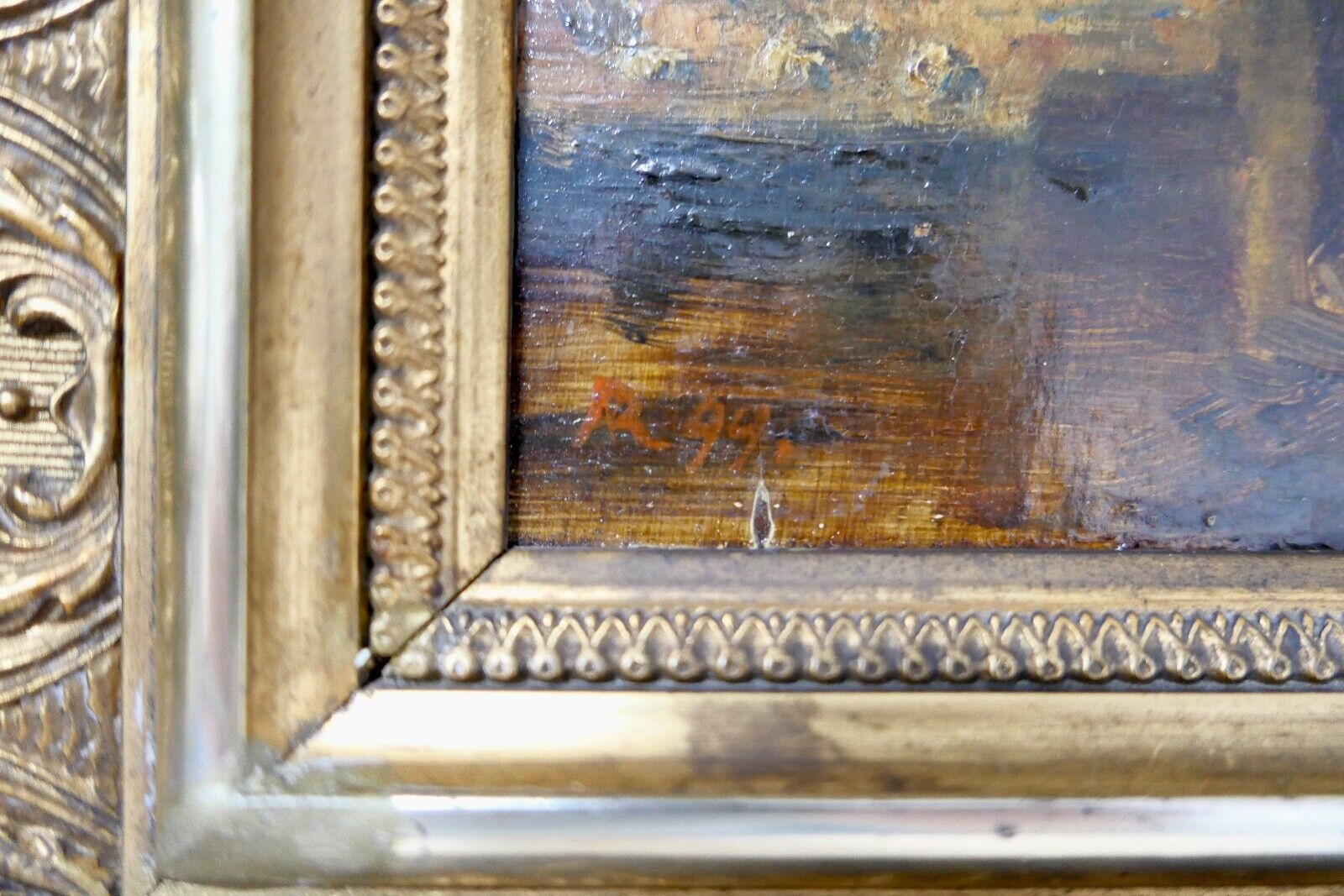 antikes Gemälde Berghütte Landschaft Öl Holz Prunkrahmen 51x42cm signiert R99 - Antikhandel-Stuttgart