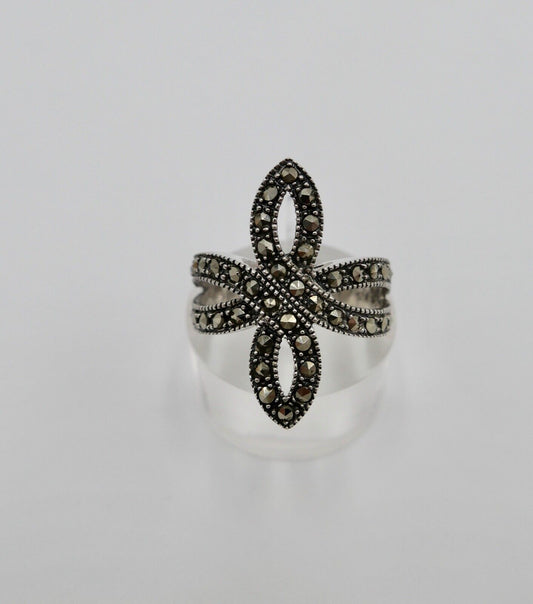 80er Jahre 925 Silberring mit Markasit Gr. 53 in Schleifenform Schleife - Antikhandel-Stuttgart