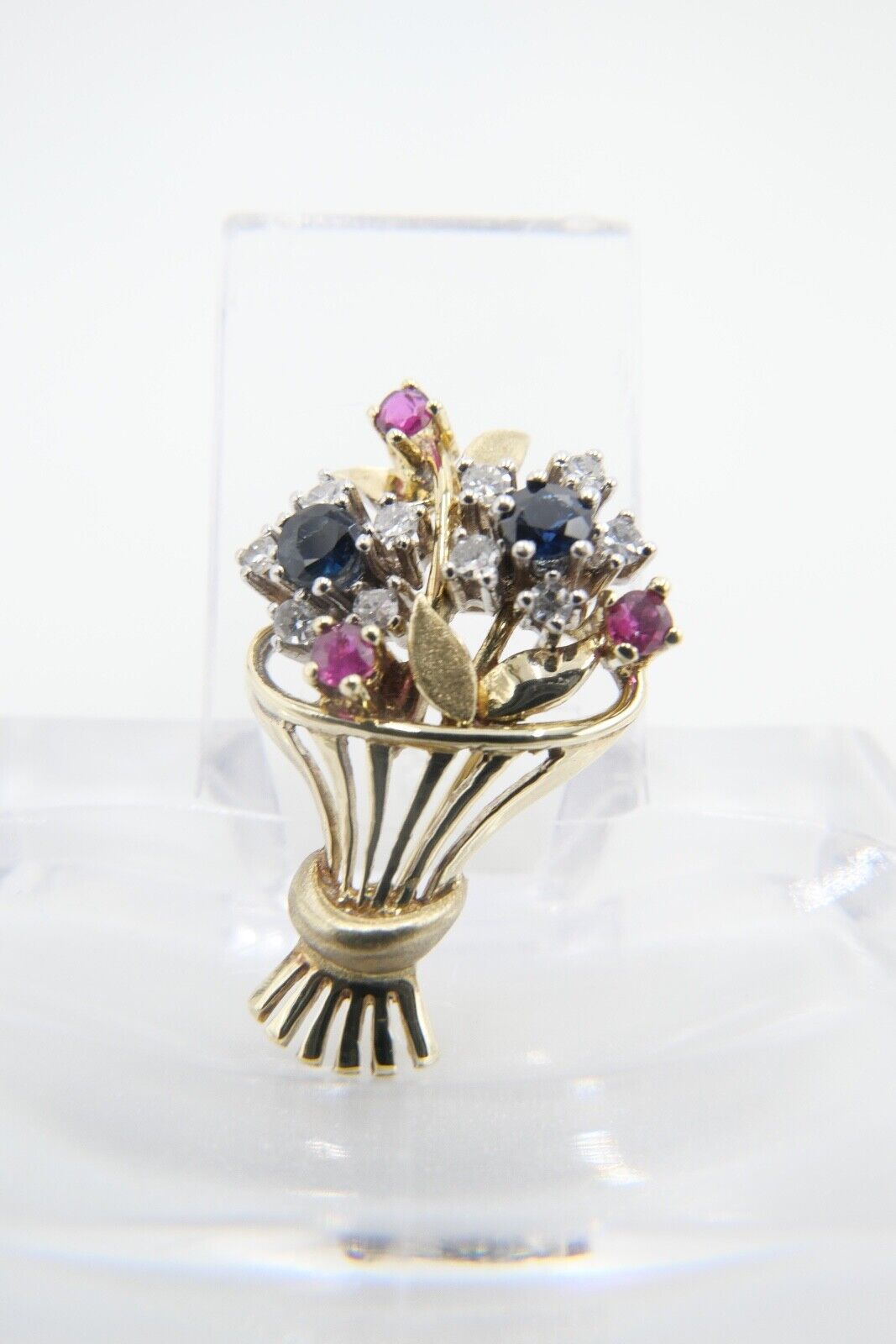 1980er florale Blumenkor 585 14K Bicolor Gold Brosche Brillanten Rubinen Saphire - Antikhandel-Stuttgart