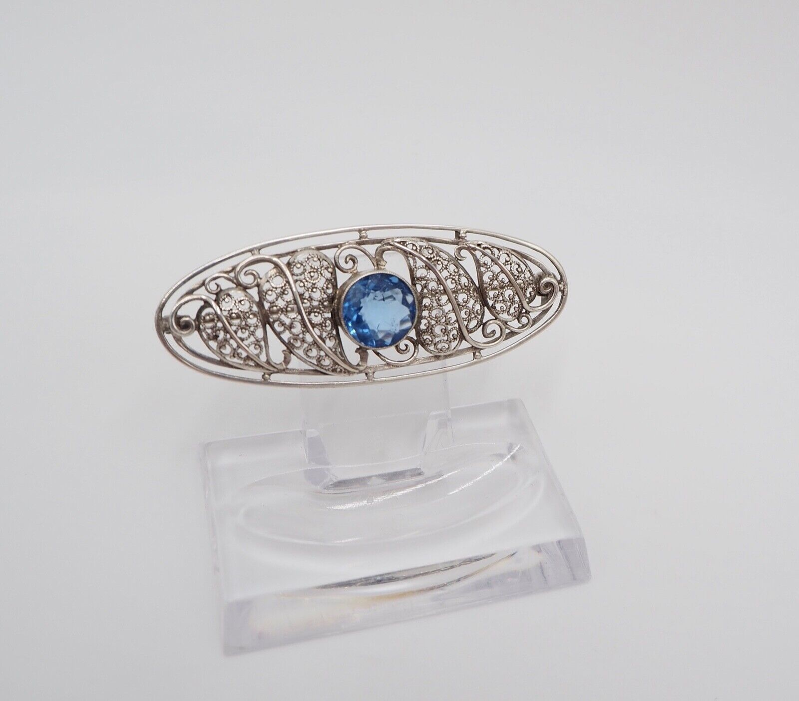 alte 50er Jahre Silber 835 filigran floral Brosche 57mm oval Schmuckstein blau - Antikhandel-Stuttgart