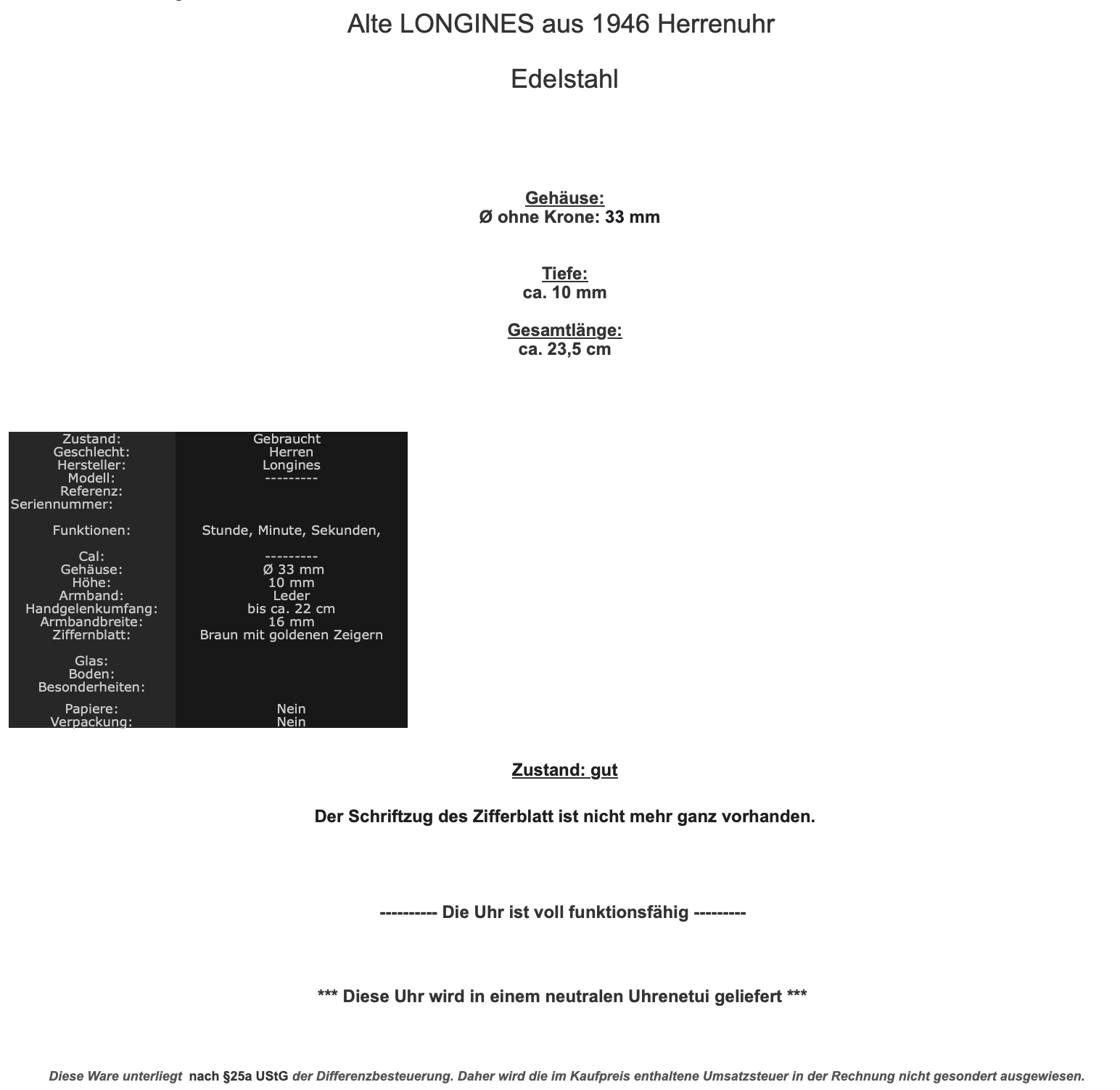 Alte LONGINES aus 1946 Herrenuhr Ø 33 mm Edelstahl - Antikhandel-Stuttgart