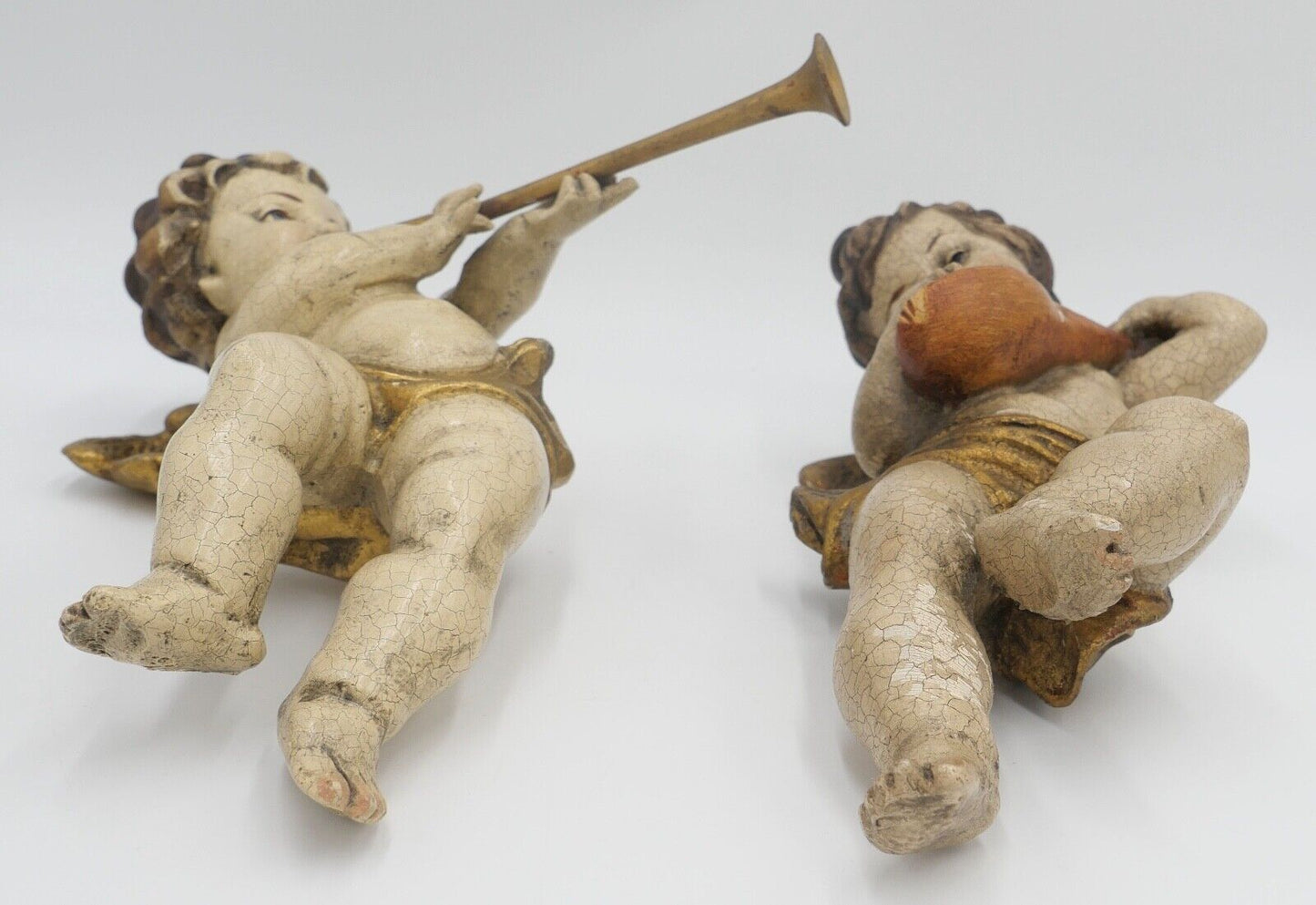 2x musizierende Putti / Putto Holzschnitzerei Engel farbig Holz Holzengel - Antikhandel-Stuttgart