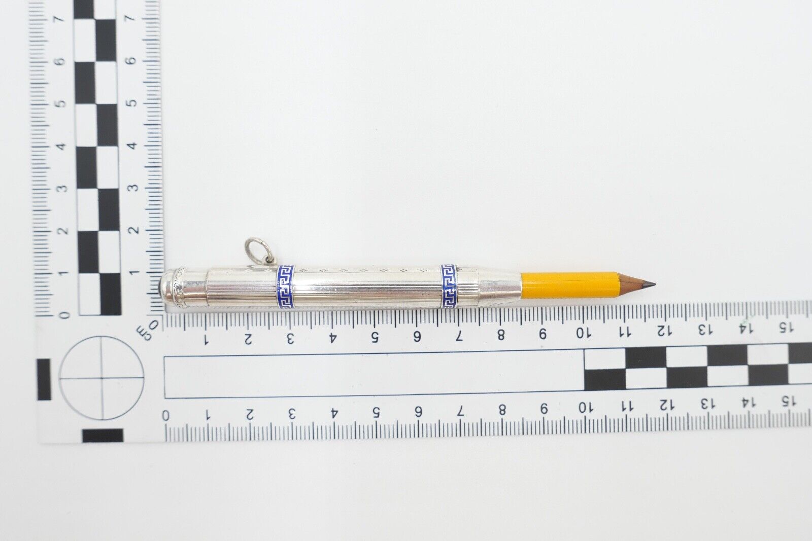 Bleistifthalter Silber 830 mit blauem Mäandermuster blauem Stein im Jugendstil - Antikhandel-Stuttgart