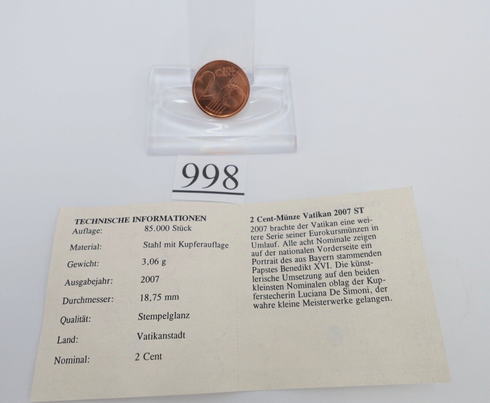 Vatikan 2 Euro Cent Münze 2007 R sehr shön in Kapsel - Antikhandel-Stuttgart