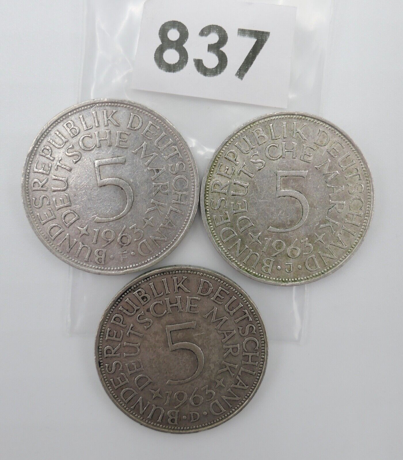 3x 5 DM 1963 J.387 Silbermünzen Silberadler Heiermann D F J - Antikhandel-Stuttgart
