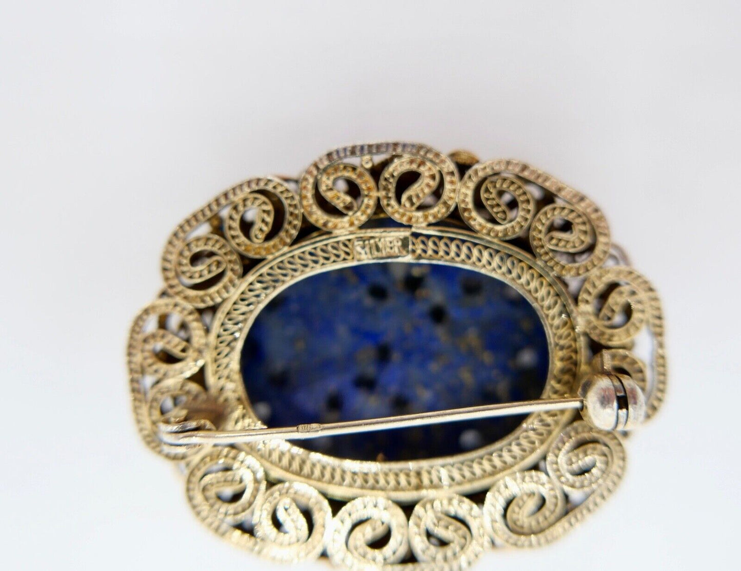 Lapislazuli Lapis Lazuli Brosche Emaille Silber vergoldet 1960er Jahre China - Antikhandel-Stuttgart