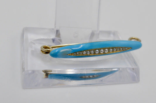 Antike Brosche Anstecknadel mit 15 Saatperlen 585 14K Gold blaue Emaile - Antikhandel-Stuttgart