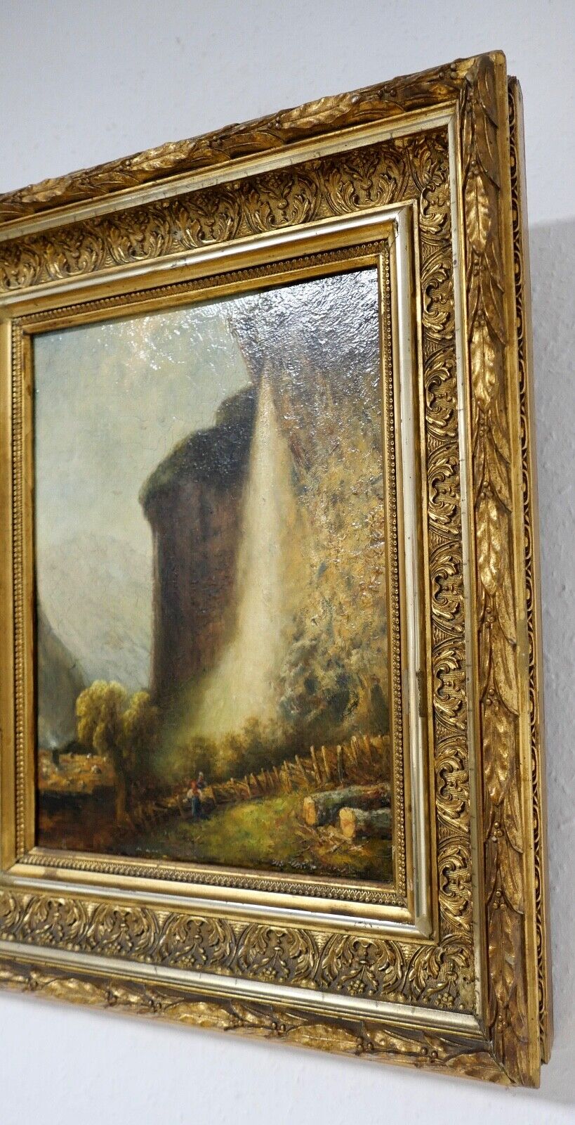 antikes Gemälde Berghütte Landschaft Öl Holz Prunkrahmen 51x42cm signiert R99 - Antikhandel-Stuttgart