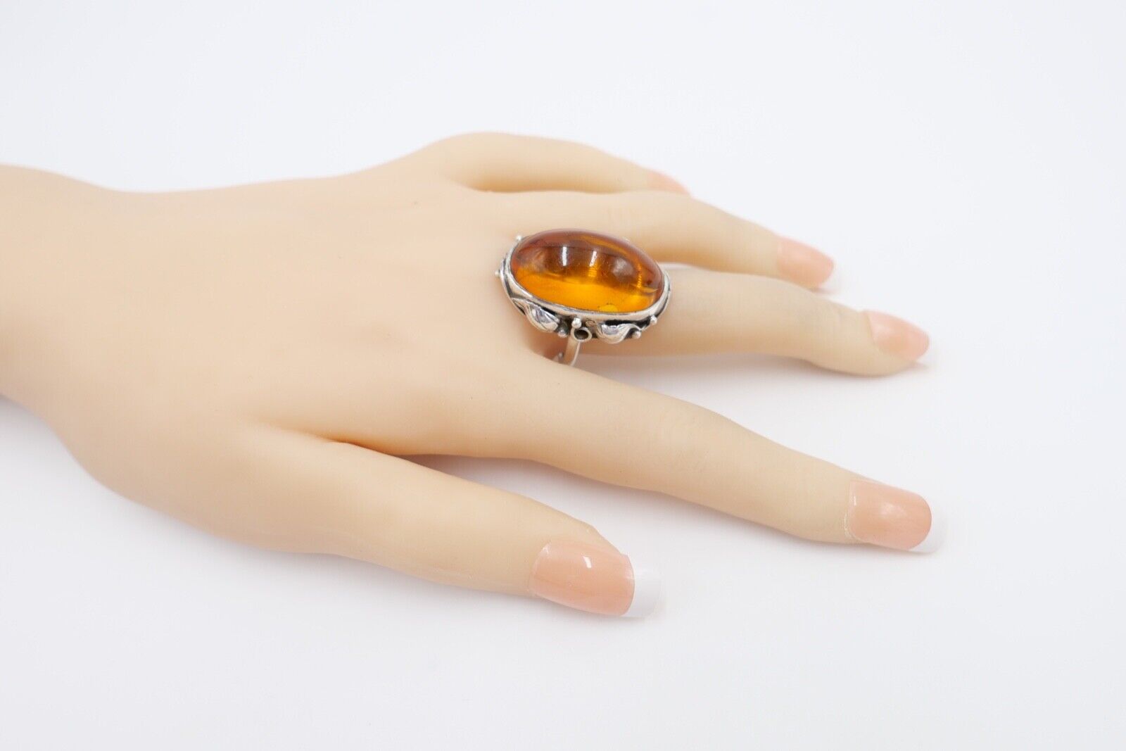 Bernstein H.W. Designer Ring floral Gr. 56 Silber 925 - Antikhandel-Stuttgart