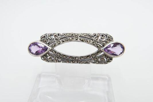 20er 30er Jahre Art Deco Brosche 50 mm Silber 925 Markasit lila Amethyst - Antikhandel-Stuttgart