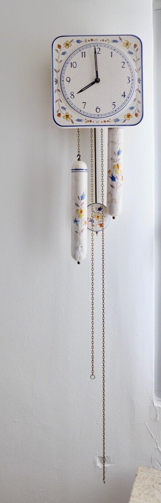 50er Porzellan Wanduhr 94/24 475 Gewichte Blumendekor Pendeluhr Junghans W 248 - Antikhandel-Stuttgart