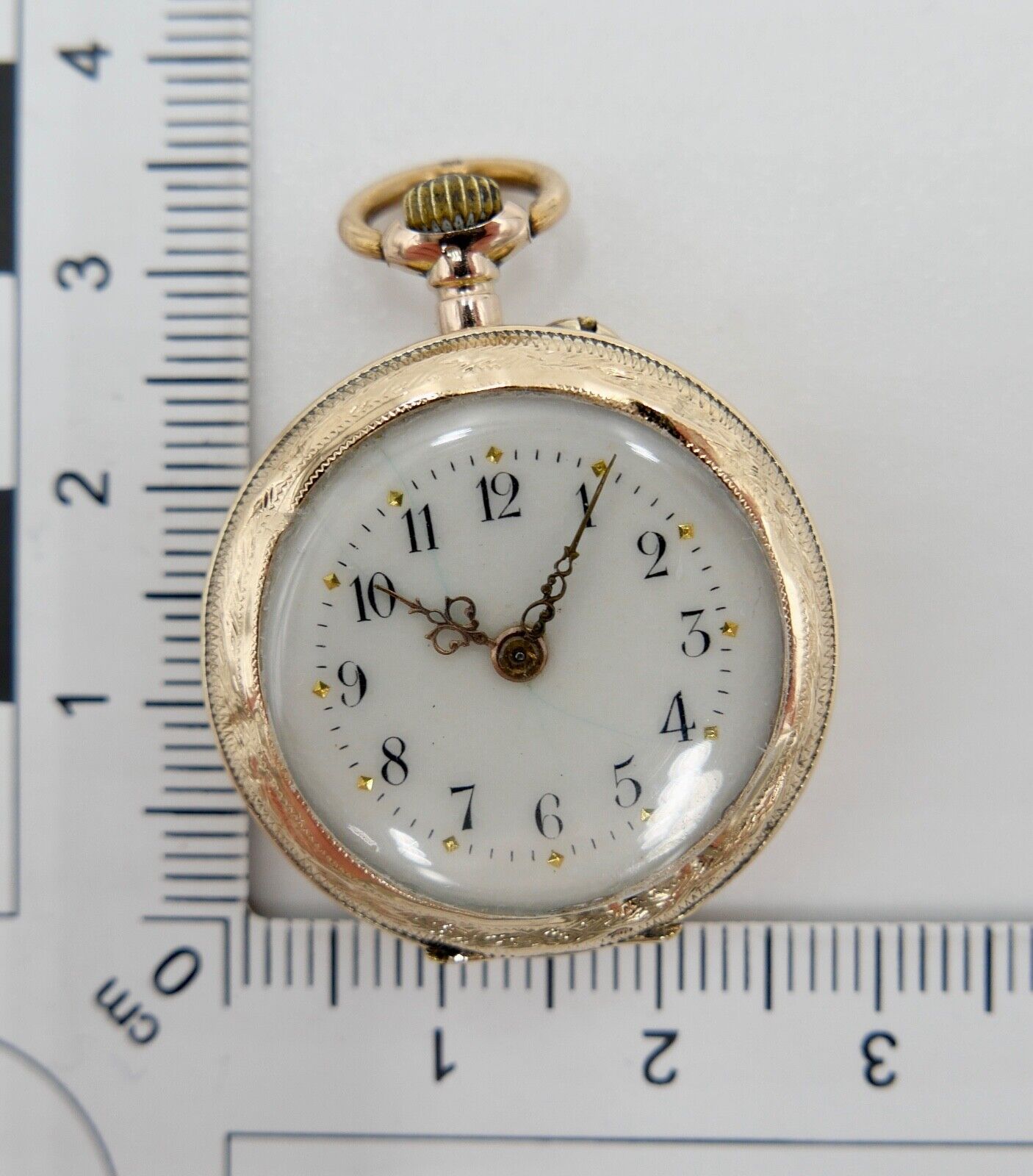 kleine BF Damen Taschenuhr 1930-40er GOLD 585 14K Schweiz Emaille floral 29mm - Antikhandel-Stuttgart