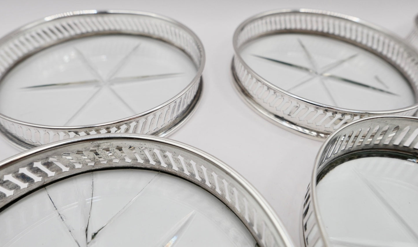 6 Glas Untersetzer Sterling Silber mit Kristall 145B