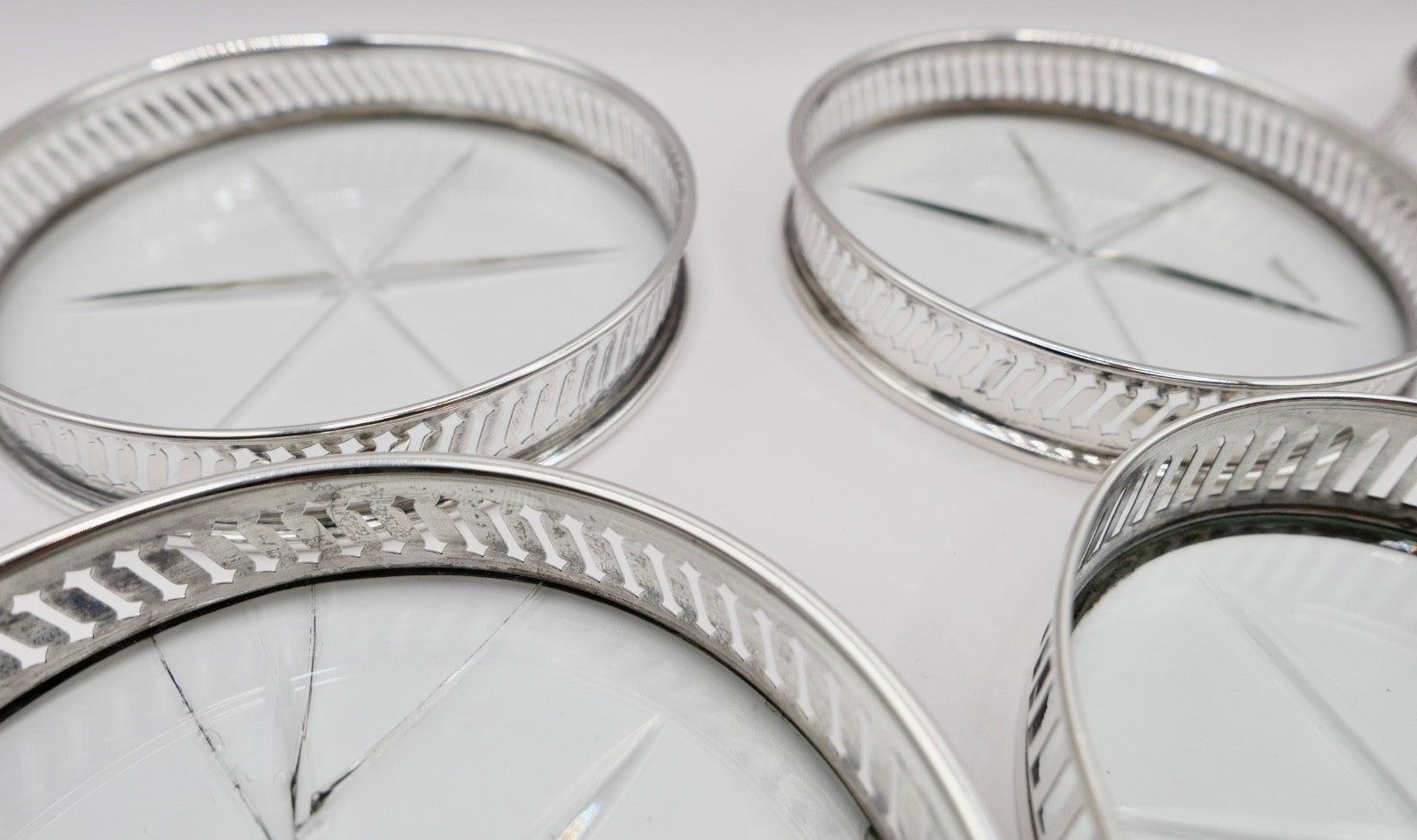 6 Glas Untersetzer Sterling Silber mit Kristall 145B