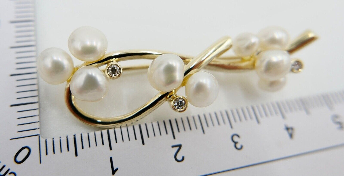 1980er Jahre Gold Perlen Diamant Brosche 585 14K HGA 46 mm - Antikhandel-Stuttgart