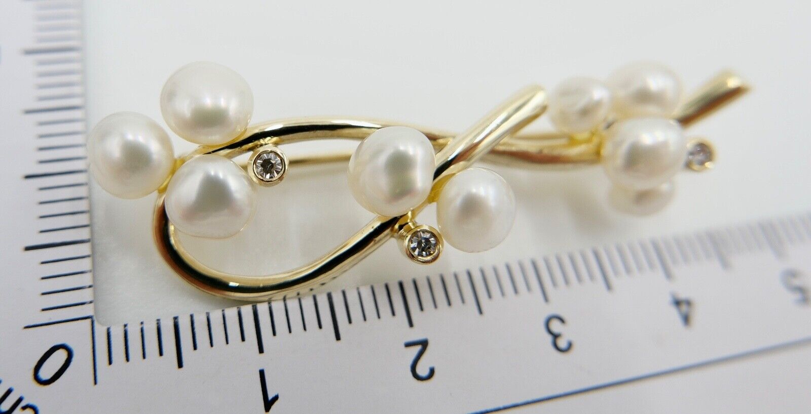 1980er Jahre Gold Perlen Diamant Brosche 585 14K HGA 46 mm - Antikhandel-Stuttgart