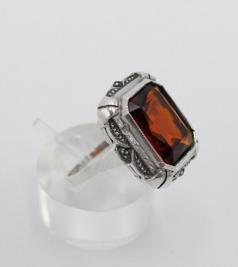 ART DECO Damen Ring Silber 835 großer rot braune Glasstein Scherenschliff Gr. 58 - Antikhandel-Stuttgart