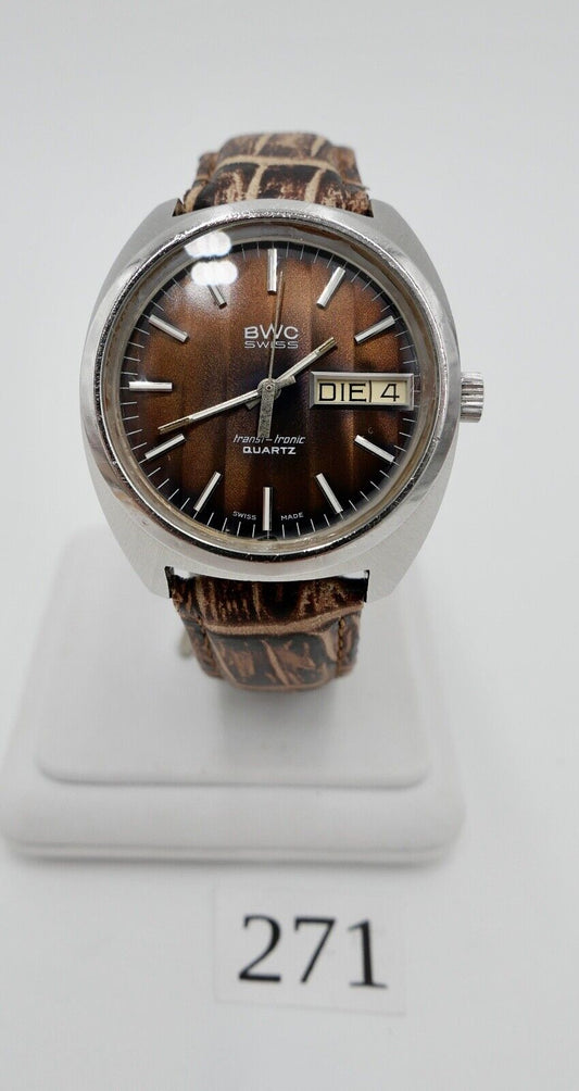 Vintage BWC Transi Tronic seltenes braunes Ziffernblatt Quartz Armbanduhr 1970er - Antikhandel-Stuttgart
