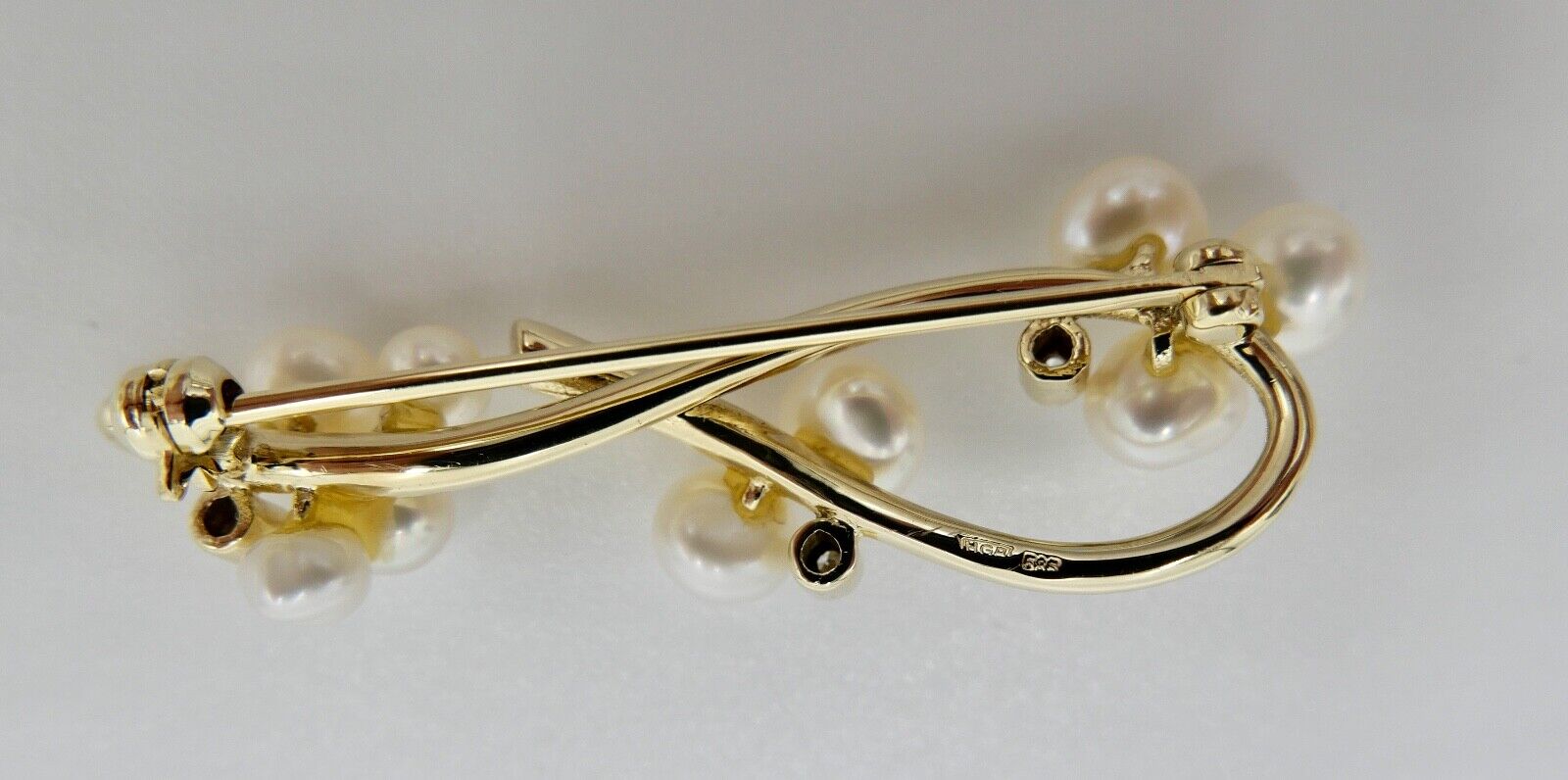 1980er Jahre Gold Perlen Diamant Brosche 585 14K HGA 46 mm - Antikhandel-Stuttgart