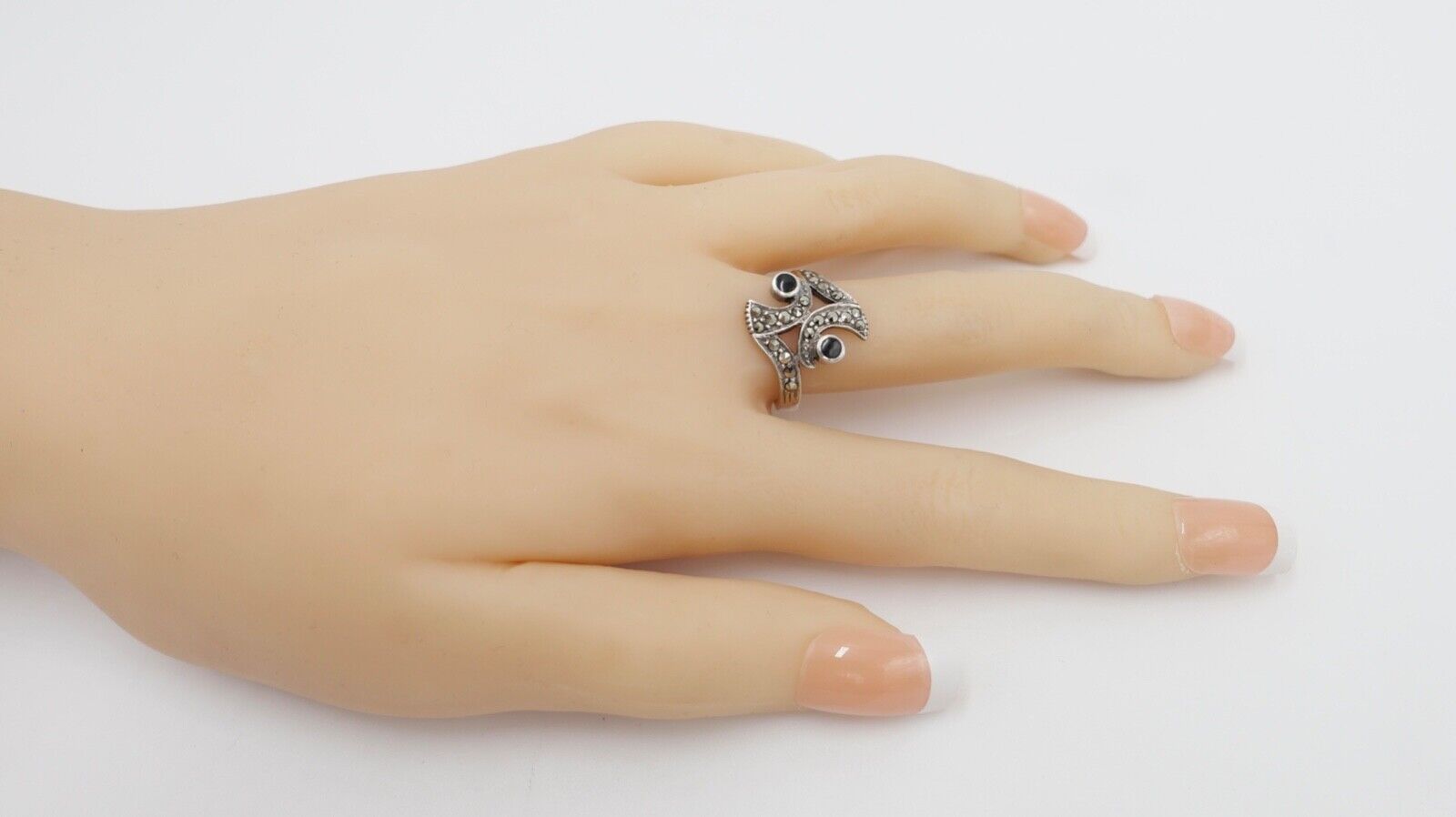 80er Jahre Silberring Markasit und Onyx Gr. 54 vintage - Antikhandel-Stuttgart