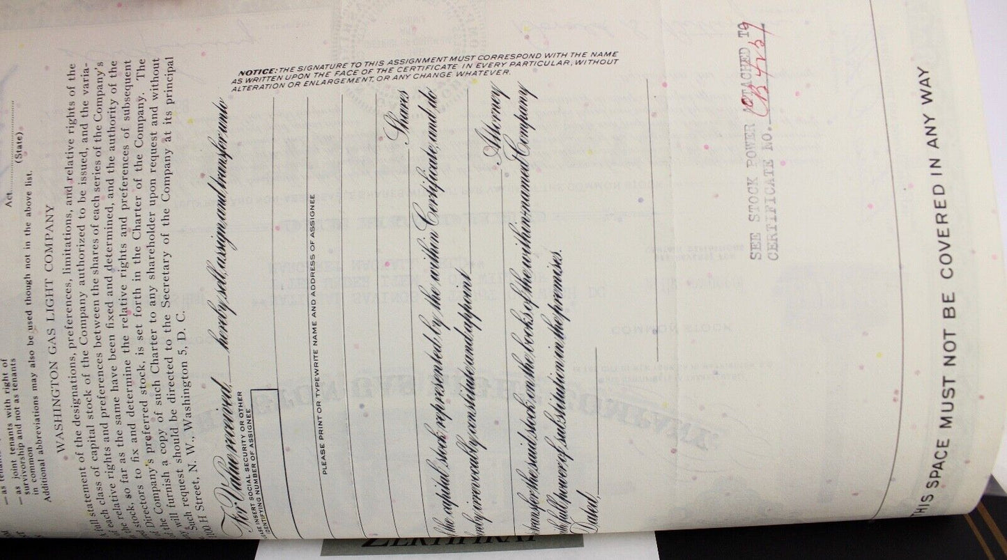 Washington Gas Light Company 1968 alte USA Aktie Stock Certificate 100 Shares - Antikhandel-Stuttgart