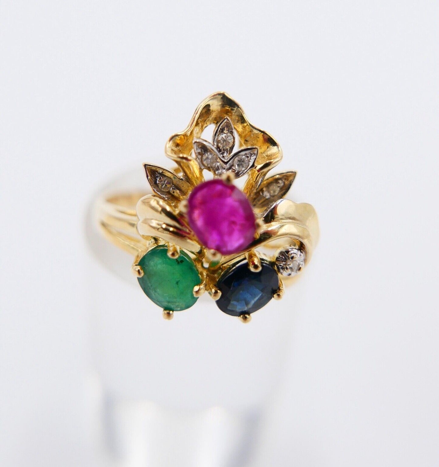 Gelbgold Ring Bunte Edelsteine 585 14K Gr.54 Diamant Smaragd Rubin Saphir 1,11Ct - Antikhandel-Stuttgart