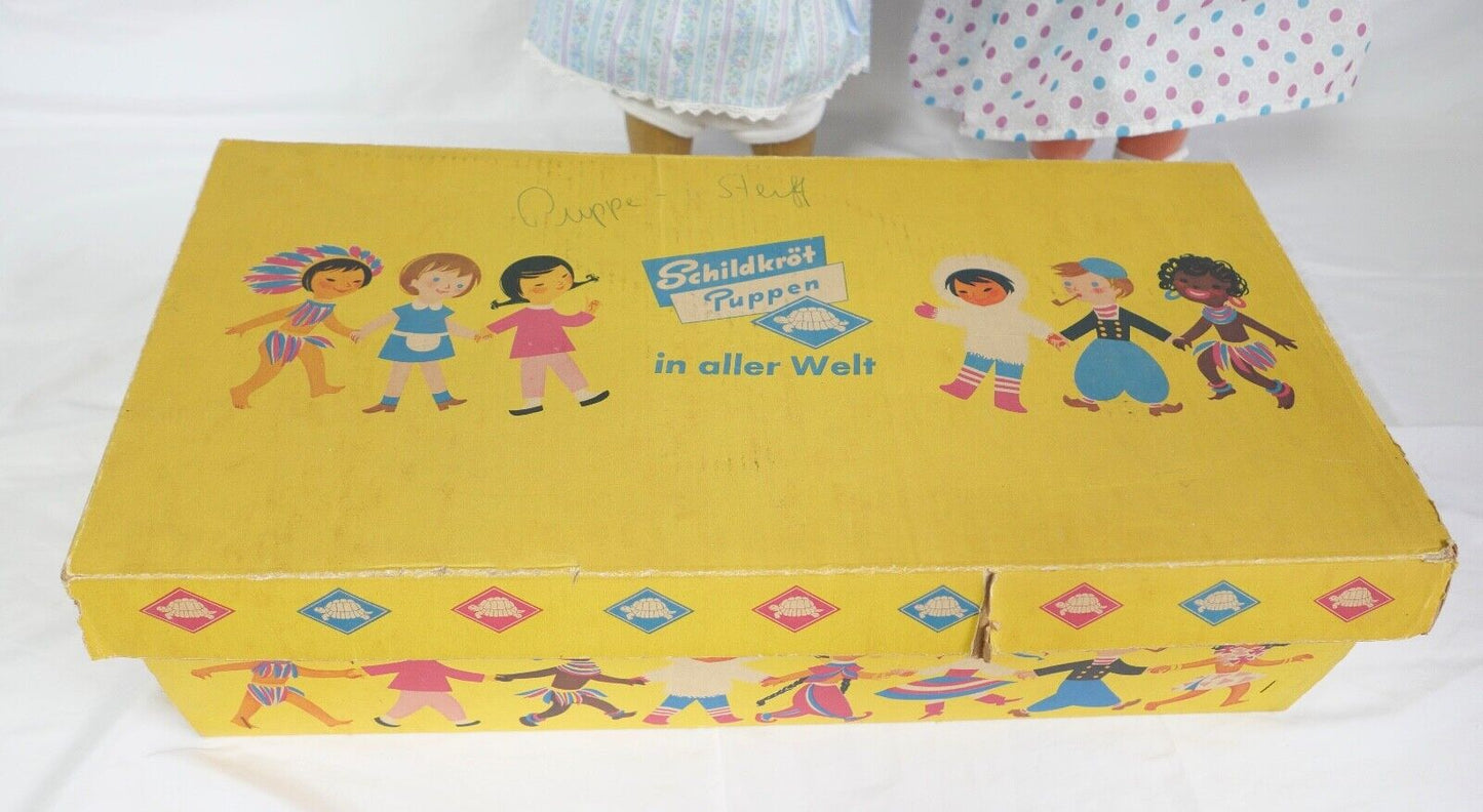 2x alte SCHILDKRÖT Puppen Puppe mit Original Karton & Kleidung 130 / 55 1/2 53 - Antikhandel-Stuttgart