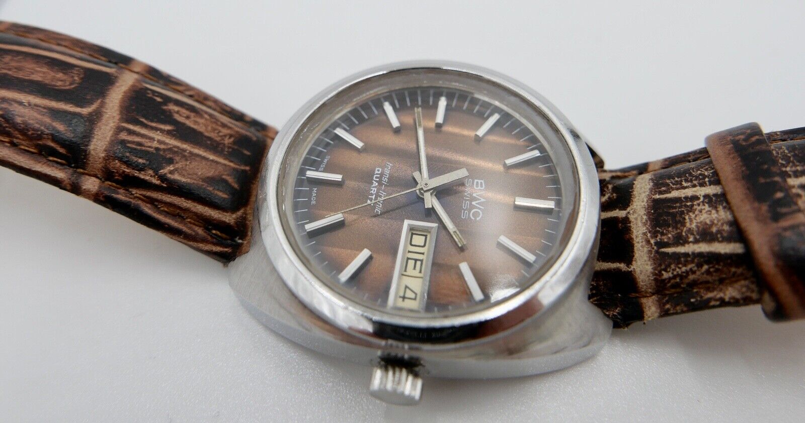 Vintage BWC Transi Tronic seltenes braunes Ziffernblatt Quartz Armbanduhr 1970er - Antikhandel-Stuttgart