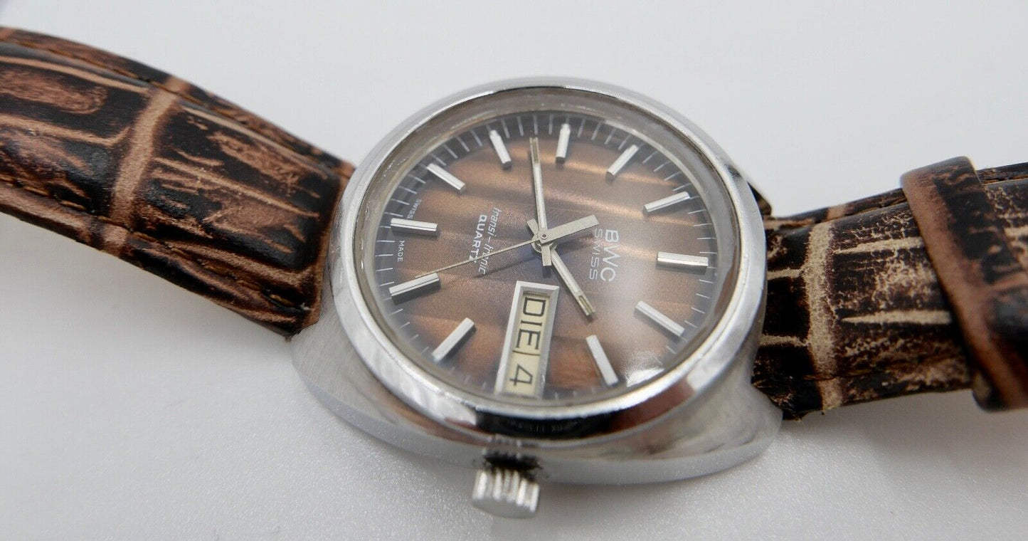 Vintage BWC Transi Tronic seltenes braunes Ziffernblatt Quartz Armbanduhr 1970er - Antikhandel-Stuttgart