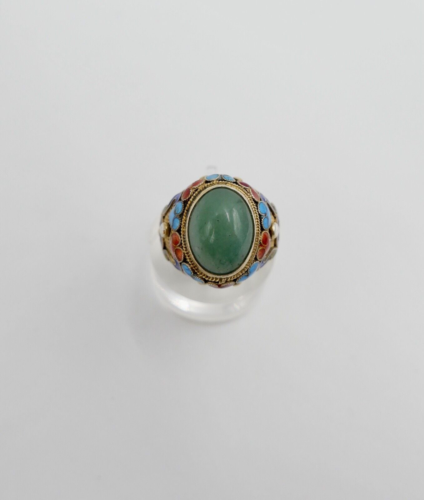 60er Jahre Silber Ring vergoldet Emaille Jade Cabochon Gr. 55 China Silver - Antikhandel-Stuttgart