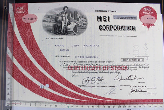 Mei Corporation 1982 alte USA Aktie Stock Certificate 300 Shares - Antikhandel-Stuttgart