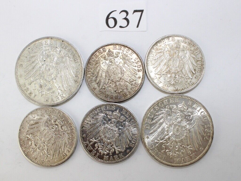 6x 2 & 3 Mark 1902 - 1914 " Friedrich Baden " Jäger J. 30 34 36 39 Silber - Antikhandel-Stuttgart