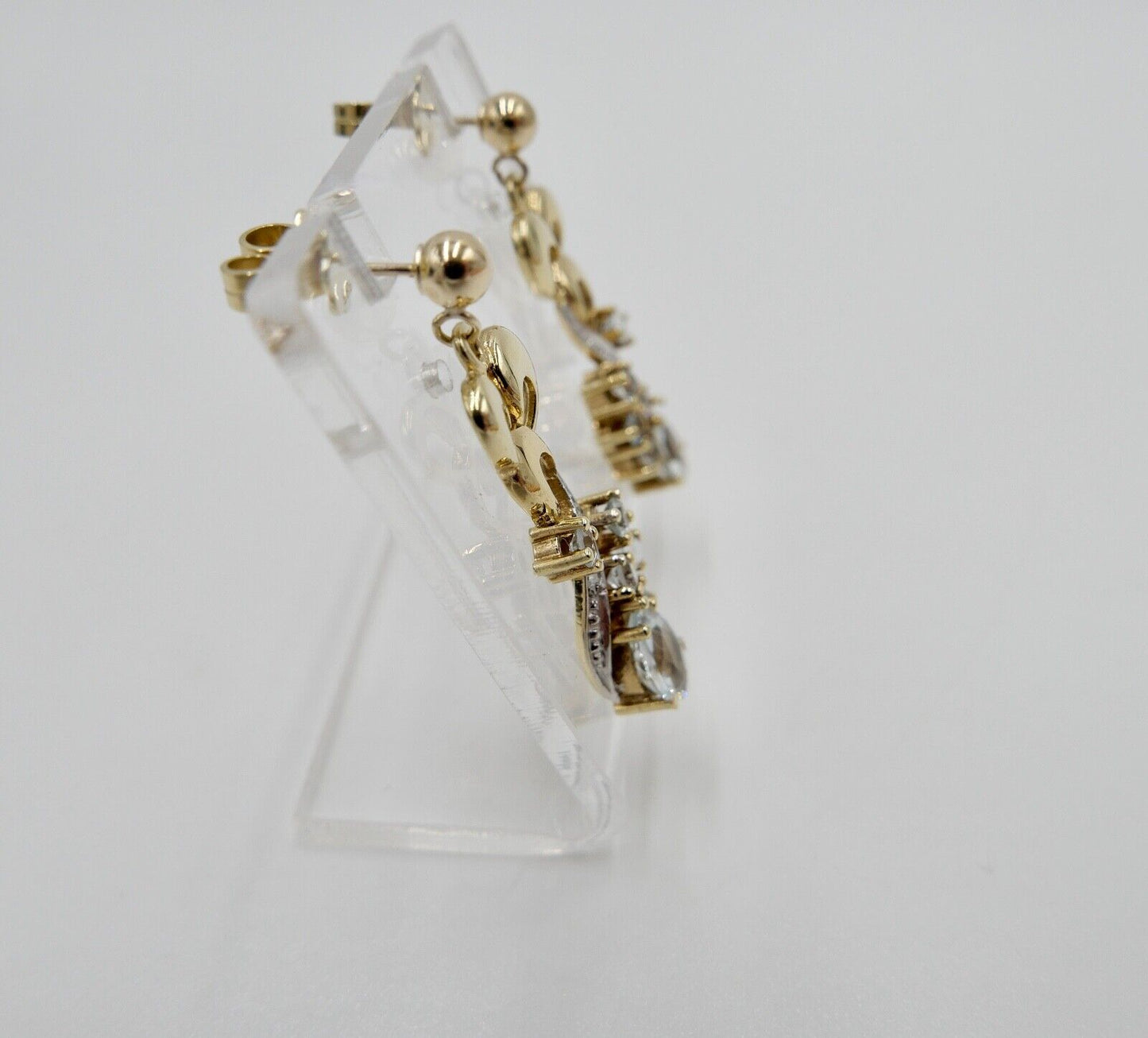 80er Jahre Ohrringe Ohrhänger GOLD 585 / 14K mit Aquamarin und Quarz - Antikhandel-Stuttgart