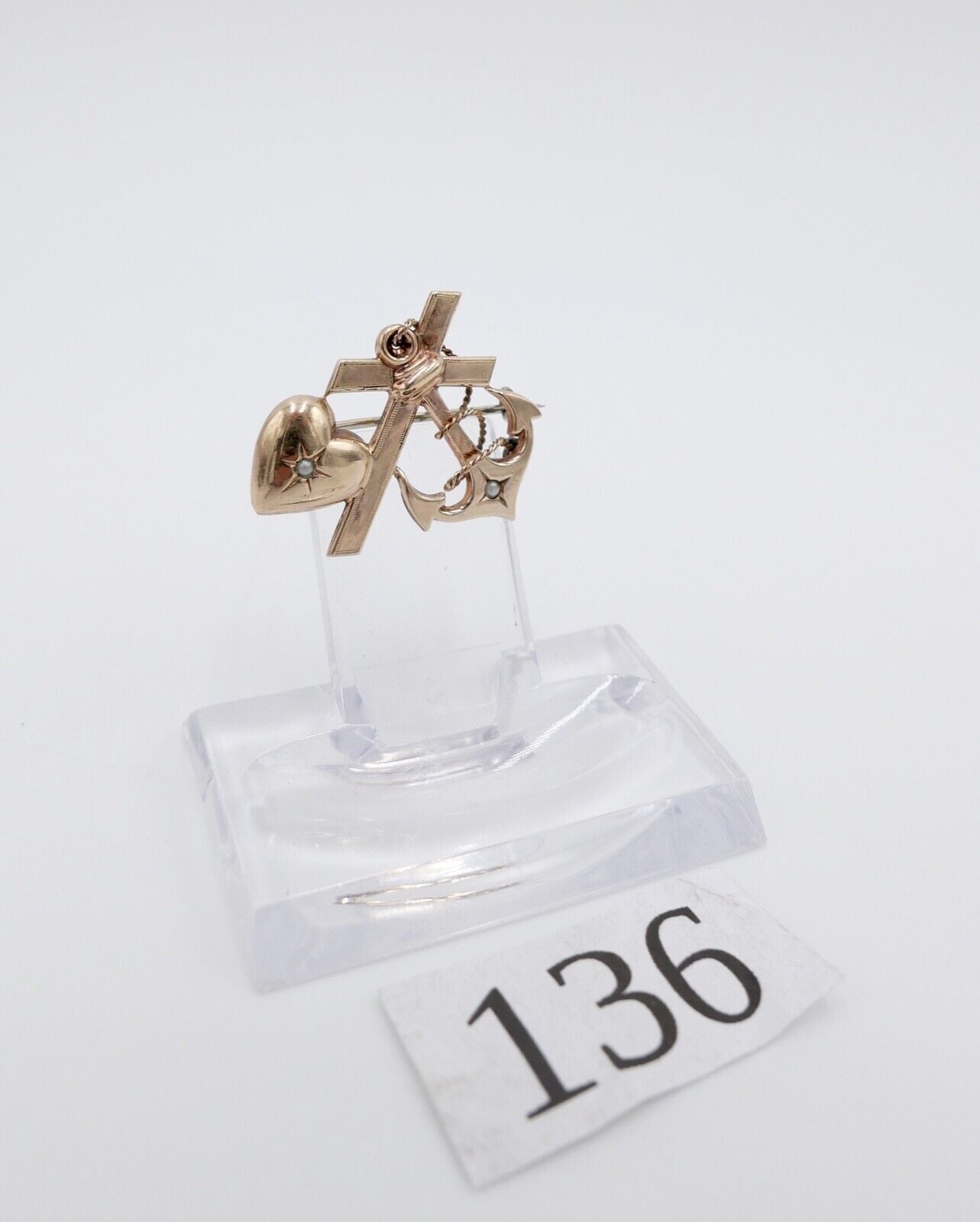 antike Brosche um 1900 Seefahrt Anker Herz Kreuz mit Perlen Silber vergoldet - Antikhandel-Stuttgart