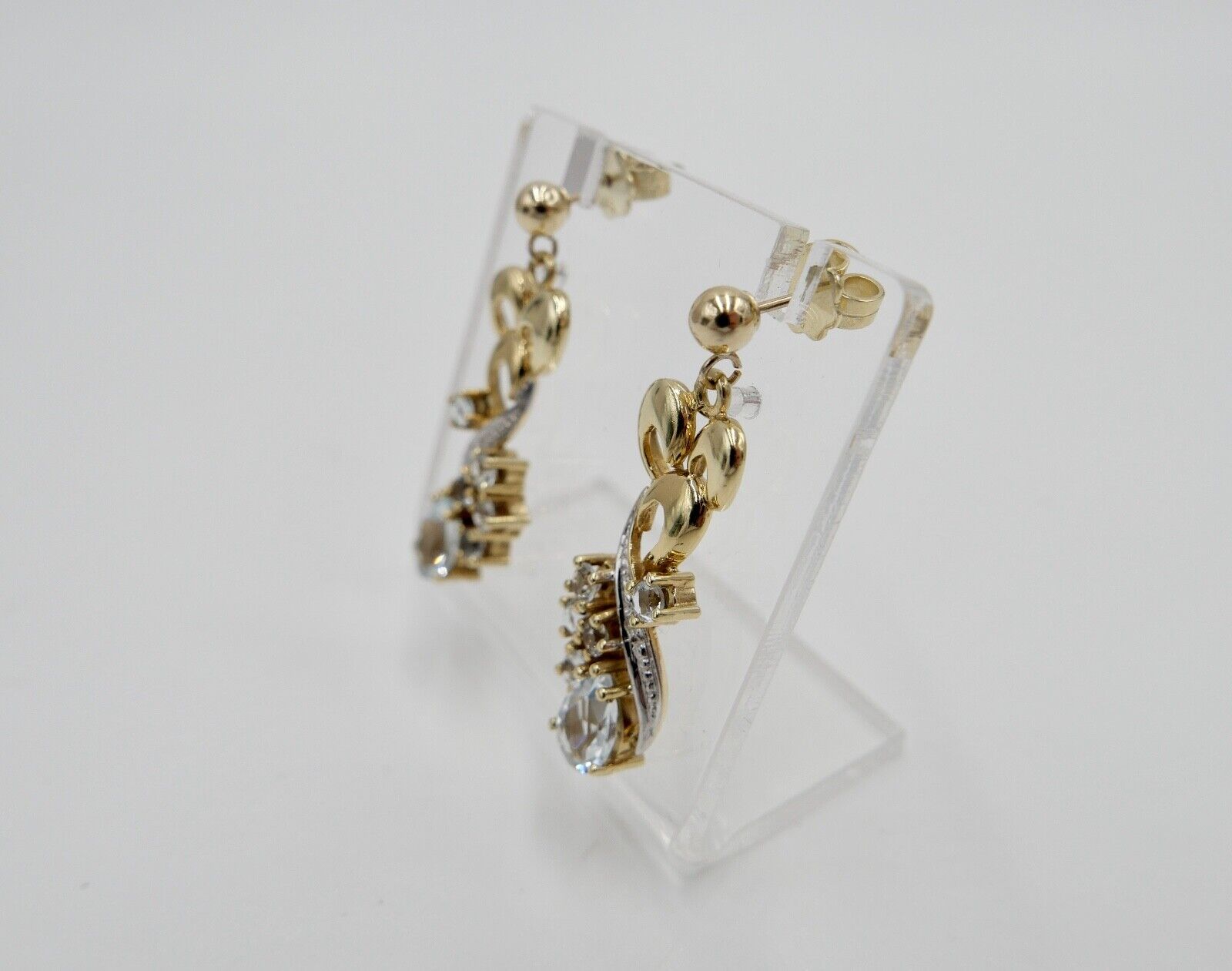 80er Jahre Ohrringe Ohrhänger GOLD 585 / 14K mit Aquamarin und Quarz - Antikhandel-Stuttgart