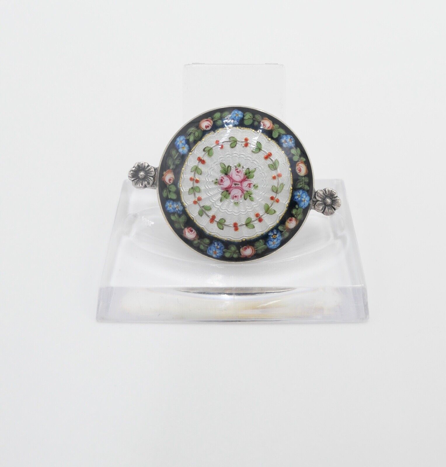 60er Jahre florale Silber Brosche 41 x 30 mm mit Emaille Blumen Rosen - Antikhandel-Stuttgart