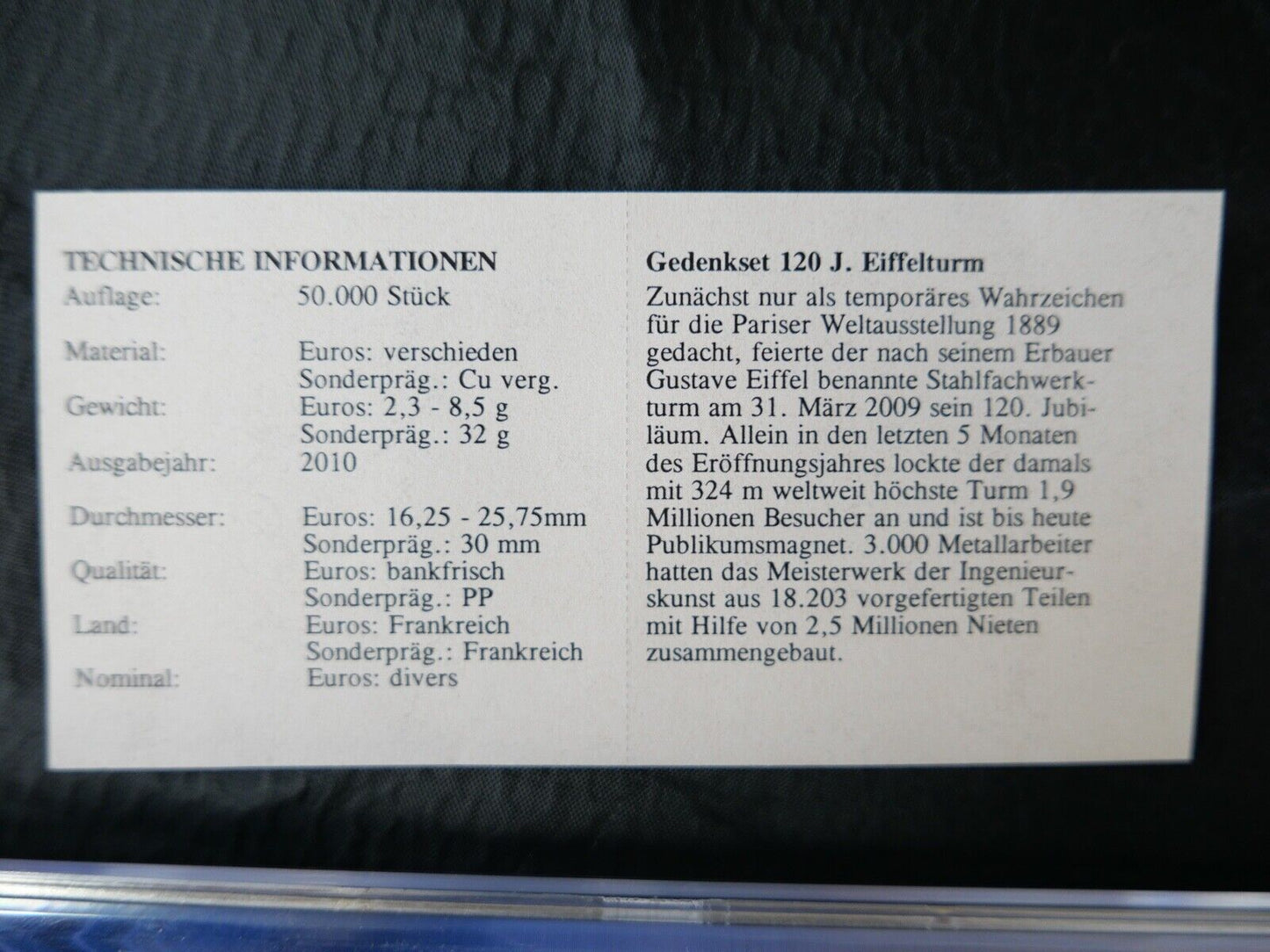 Gedenkset 120 J. Eiffelturm Frankreich Sonderprägung 2010 Euro Gedenktagssätze - Antikhandel-Stuttgart