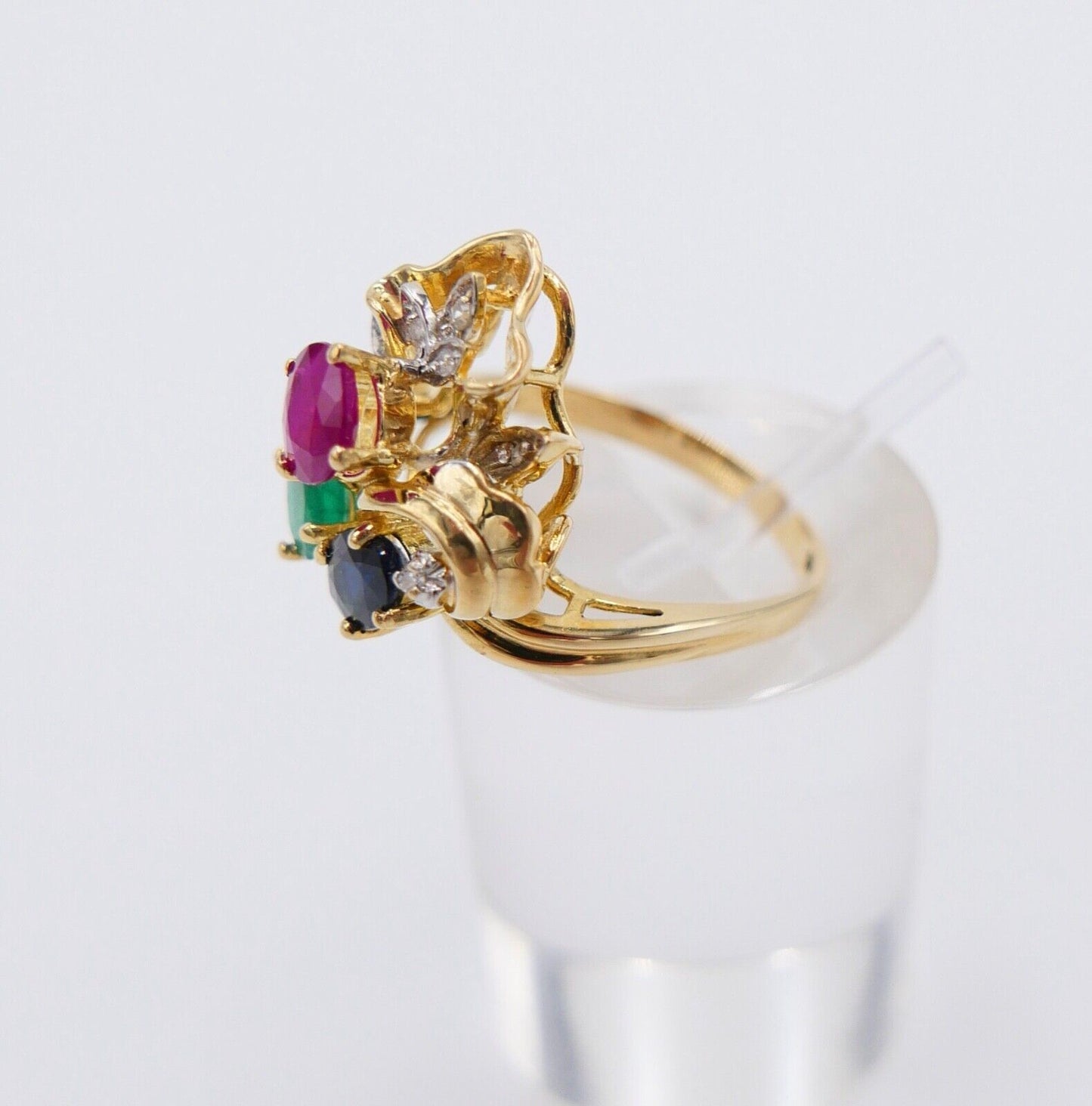 Gelbgold Ring Bunte Edelsteine 585 14K Gr.54 Diamant Smaragd Rubin Saphir 1,11Ct - Antikhandel-Stuttgart