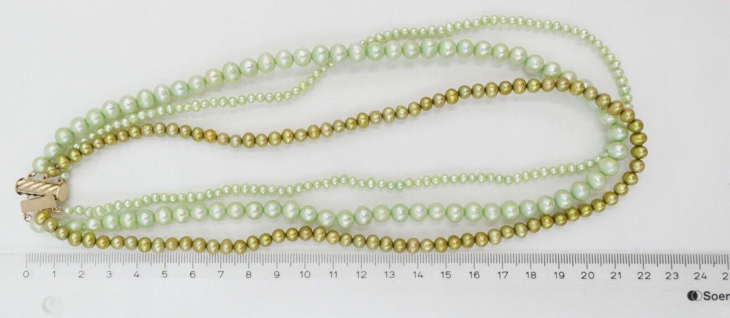 70er Jahre Perlenkette Collier Zuchtperlen grün 46 cm Gold 585 / 14K Ø 7 - 3 mm - Antikhandel-Stuttgart