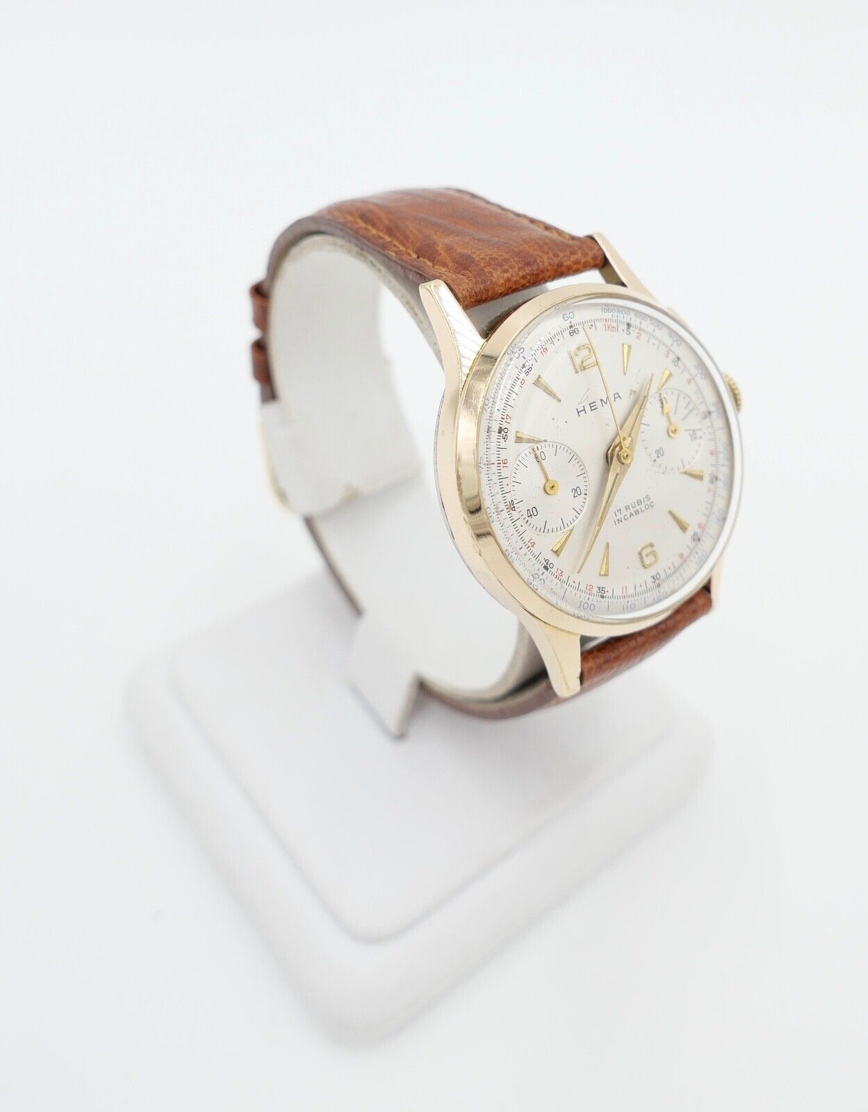 HEMA Chronograph Cal. Landeron 248 Herren Armbanduhr Handaufzug Ø 34mm neus Band - Antikhandel-Stuttgart