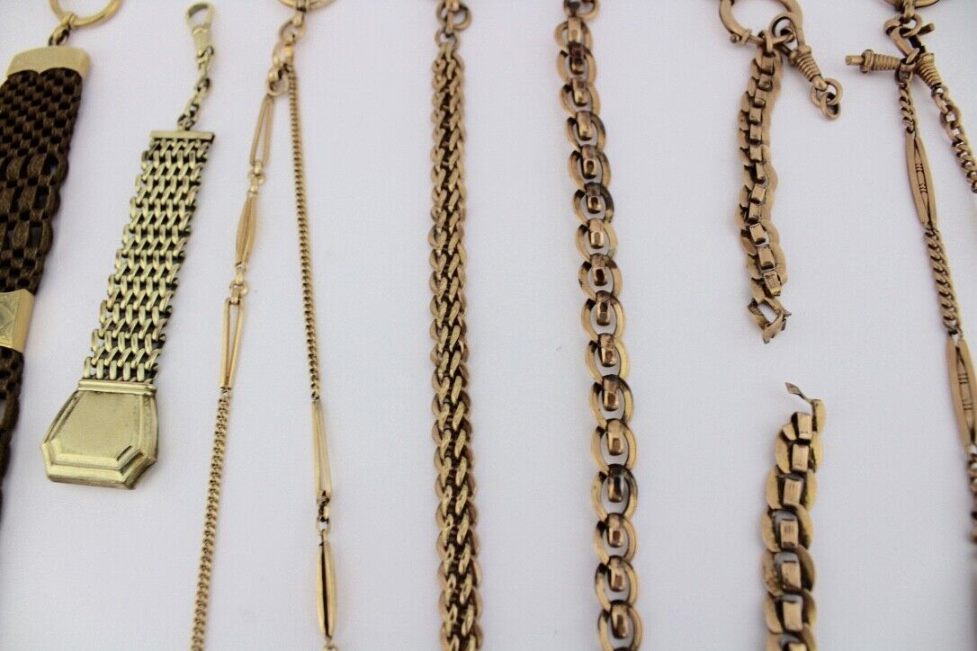 8 Antike Taschenuhr Kette pocket watch Chain Goldcharm Amerika Chronos Vergoldet - Antikhandel-Stuttgart