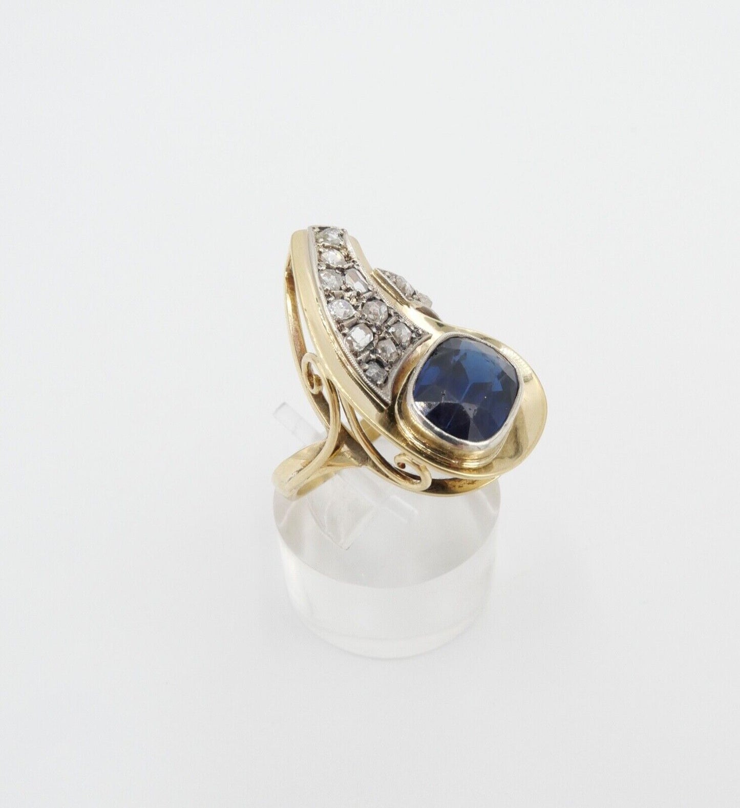 Extravaganter Diamant Damen Gold Ring 585 14K mit blau Stein Gr. 57-58 - Antikhandel-Stuttgart