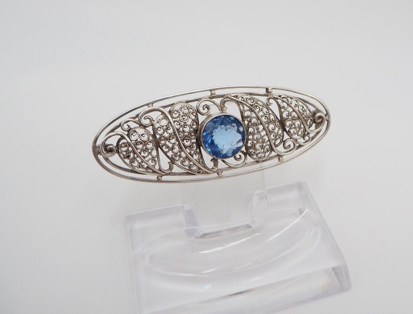 alte 50er Jahre Silber 835 filigran floral Brosche 57mm oval Schmuckstein blau - Antikhandel-Stuttgart