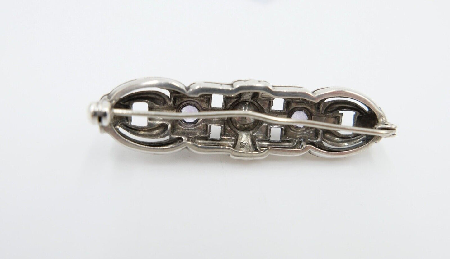 20er 30er Jahre Art Deco Silber 835 Brosche 53 mm mit lila Amethyst und Perle - Antikhandel-Stuttgart